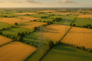 An aerial view of rural Texas farmland with a high-voltage transmission line cutting across the landscape, golden hour lighting, realistic style