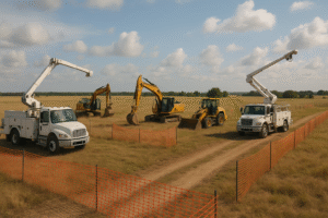 Utility trucks and construction equipment staged on a rural Texas field during infrastructure work, with temporary fencing and clear access roads, realistic daylight scene