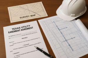 A legal contract and blueprint spread out on a wooden table, with a hard hat and survey map in view, symbolizing a Texas utility easement agreement being drafted