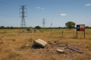 Rural Texas property with visible utility infrastructure (like transmission poles) and construction remnants in the background, showing environmental and operational impacts | Whitman Land Group
