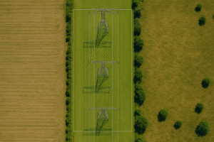 Top-down drone view of a wide utility easement corridor running through rural Texas fields, with overhead power lines and clear demarcation of width | Whitman Land Group