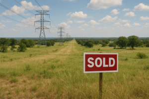 Rural Texas land with power lines and a visible utility easement corridor, and a 'sold' sign on the property in the foreground | Whitman Land Group