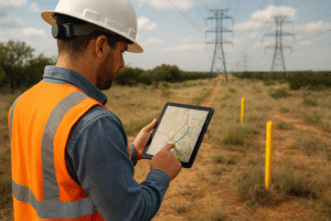 Engineer or surveyor inspecting a utility corridor map on a tablet in the field, with power lines or pipeline markers visible in Texas terrain | Whitman Land Group