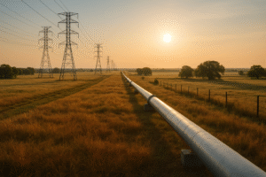 A wide-angle view of a Texas rural landscape showing utility infrastructure (like power lines or pipelines) running across fields, with early morning or late afternoon sunlight, symbolizing the long-term presence of easements on private land | Whitman Land Group