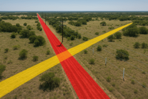 Two overlapping utility corridors on Texas land—one with power poles and another with underground pipe markers—highlighted from an aerial view in rural terrain | Whitman Land Group