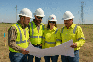 Texas utility crew examining ROW plans in the field with survey stakes, open land, and visible utility infrastructure under a clear sky | Whitman Land Group